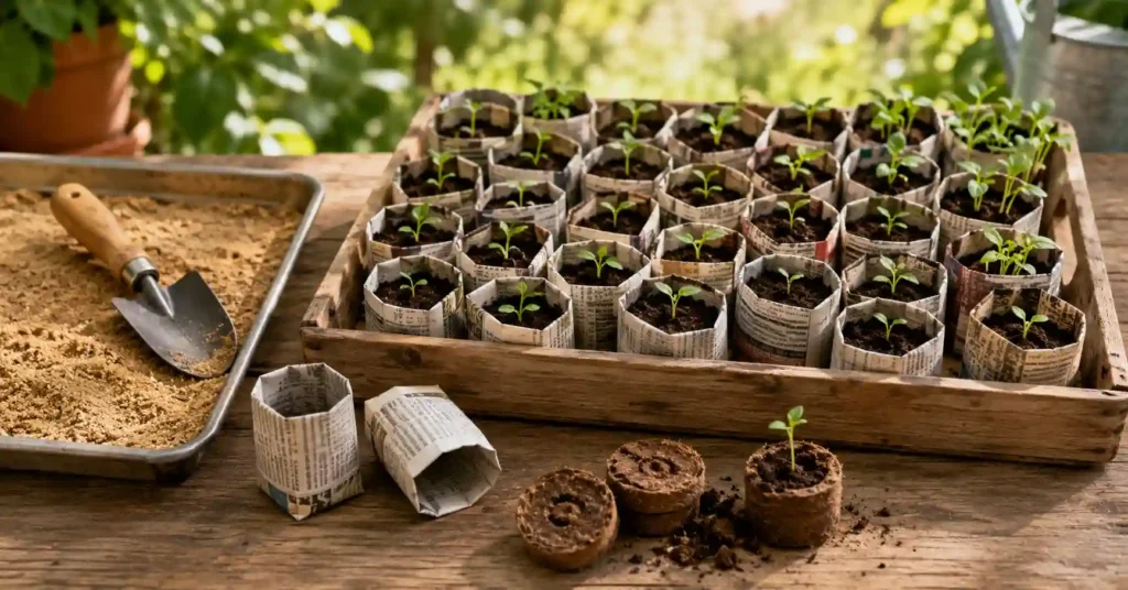Young vegetable seedlings growing in handmade newspaper pots and coir pellets arranged in a wooden tray on a garden workbench, showcasing an eco-friendly seed-starting method that eliminates plastic seed trays and transplant shock.