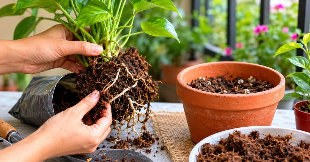 Hands gently removing peat moss from the root ball of a green nursery money plant, demonstrating why nursery plants packed in peat moss require careful root teasing before repotting.