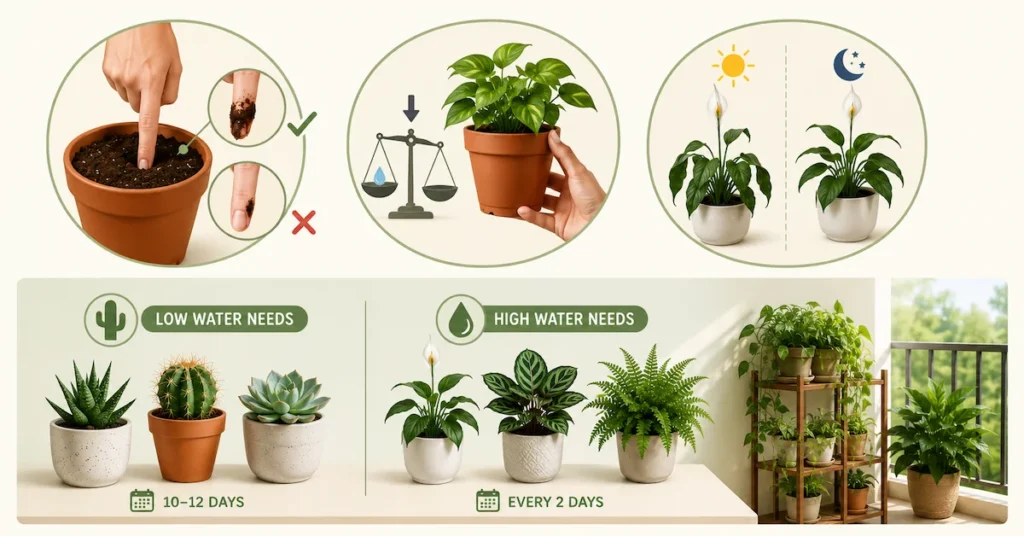 Plant watering guide infographic showing finger test, pot lift test, leaf droop signs, and grouping plants by water needs