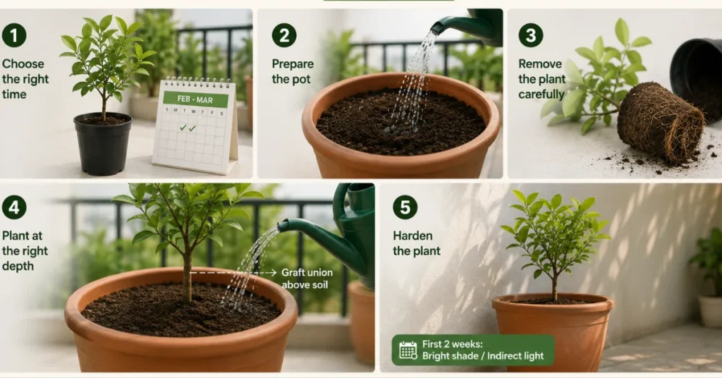 Step-by-step guide showing how to plant a Kagzi lemon tree in a pot, including pot preparation, removing the nursery plant, correct planting depth, and early shade care.