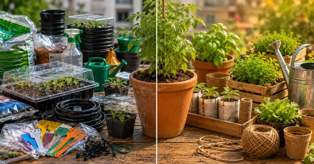 Split-view balcony garden showing plastic gardening supplies on one side and eco-friendly alternatives including terracotta pots, newspaper seed pots, and jute twine on the other.