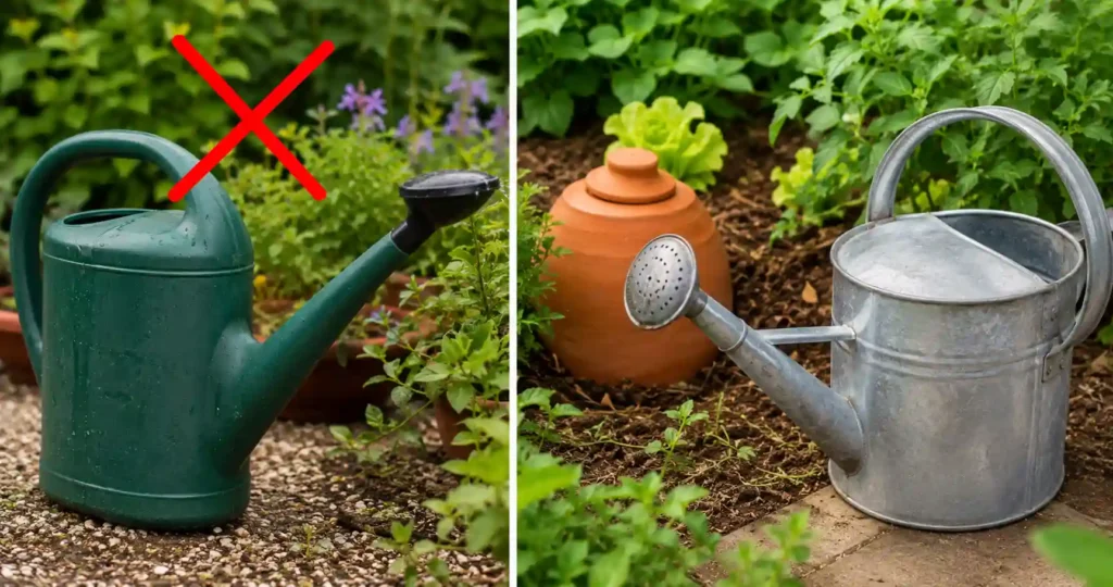 Side-by-side comparison of a plastic watering can marked with a red X and a galvanized steel watering can beside a clay olla irrigation pot in a sustainable vegetable garden.