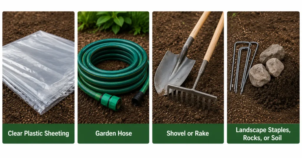 Essential materials for soil solarization including clear plastic sheeting, garden hose, shovel or rake, and landscape staples.