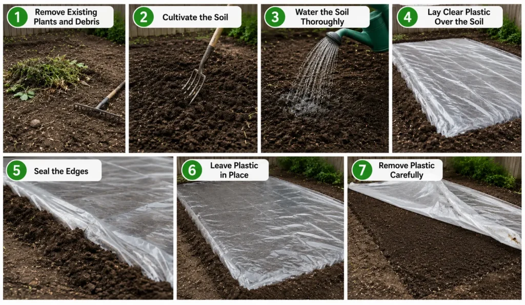 Step-by-step soil solarization process using clear plastic in a garden bed.