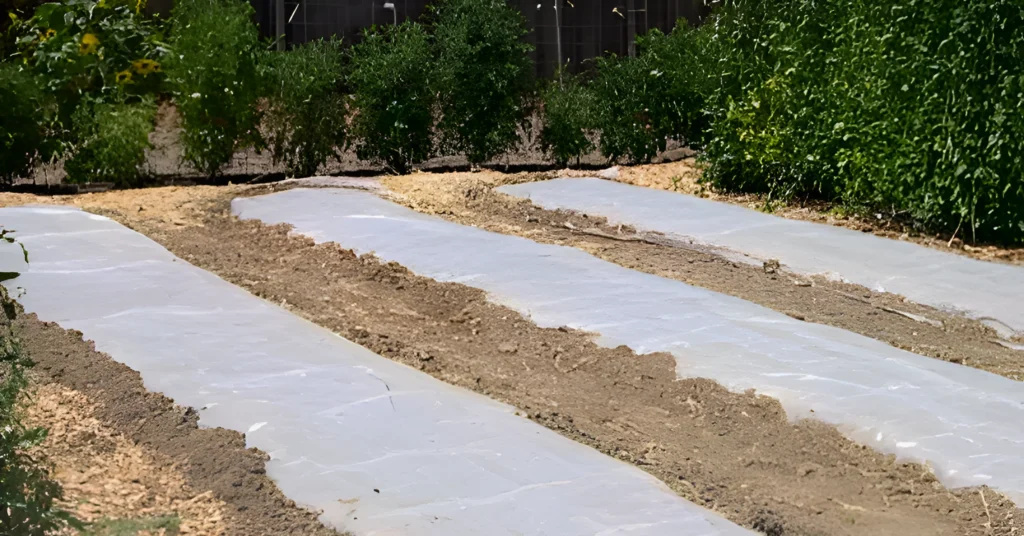 Raised garden beds covered with clear plastic during soil solarization to naturally control weeds, pests, and soil-borne diseases.
