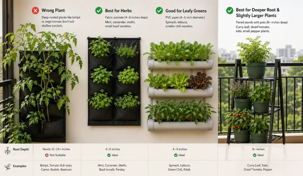 An infographic chart comparing root depth suitability for vertical gardening structures. It illustrates a deep-rooted tomato plant failing in a shallow fabric pocket alongside three successful setups: herbs in 4-to-6-inch fabric pockets, leafy greens in 4-to-5-inch PVC pipes, and deeper-rooted plants like curry leaf and dwarf tomatoes on an 8-inch tiered pot stand.