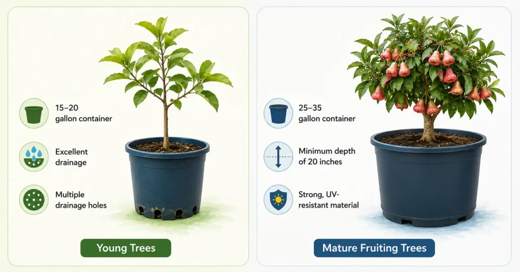 Water apple trees in containers showing recommended pot sizes for young and mature trees.
