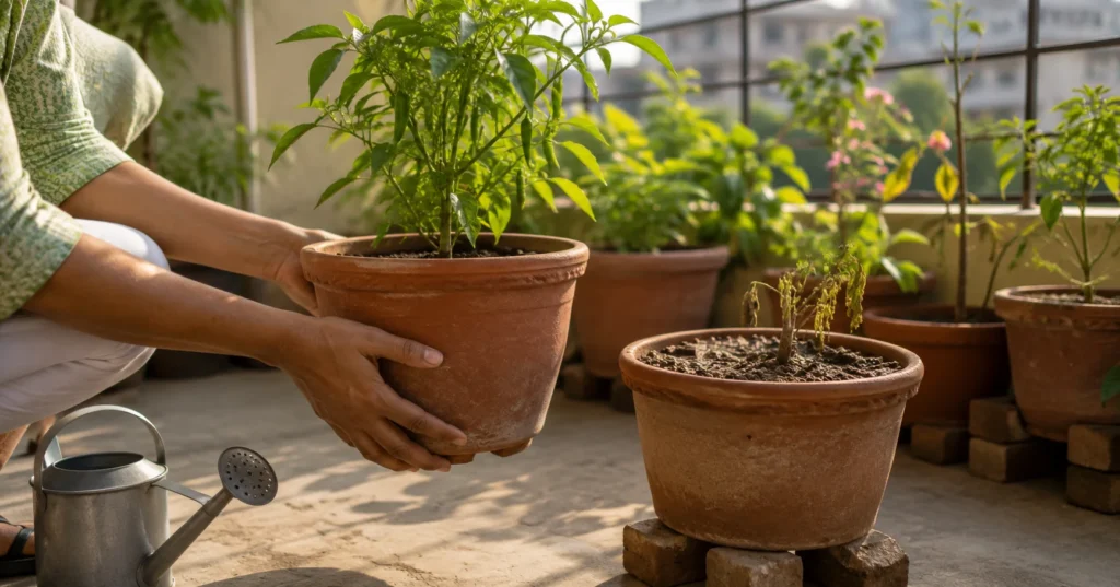 Gardener lifting a terracotta pot to check soil moisture in a summer balcony vegetable garden with elevated clay containers.