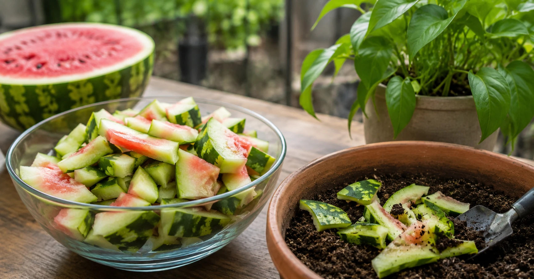 Watermelon peels being added to potting soil beside a healthy potted plant to create homemade organic fertilizer for garden plants.