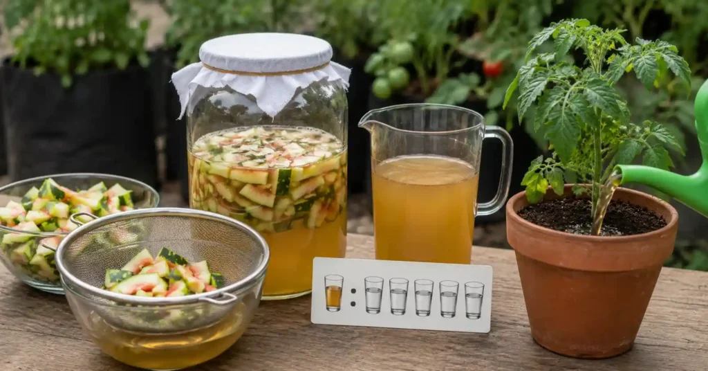 Jar of fermented watermelon peels in water, strained liquid fertilizer, and a potted tomato plant being watered with homemade watermelon rind fertilizer.