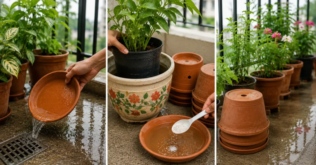 Balcony gardener emptying a pot saucer, checking decorative pots for trapped water, and storing unused pots upside down during monsoon.