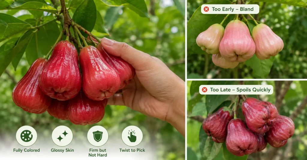 Ripe water apples ready for harvest, showing full color, glossy skin, and firm texture.