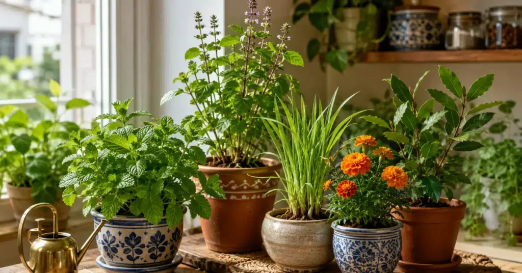 A beautiful collection of potted kitchen plants by a bright window, showing how to grow herbs indoors including mint, tulsi, and lemongrass.
