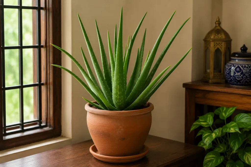 A large, healthy Aloe Vera succulent plant in a terracotta pot with a drainage saucer, placed on a wooden table next to a bright window.