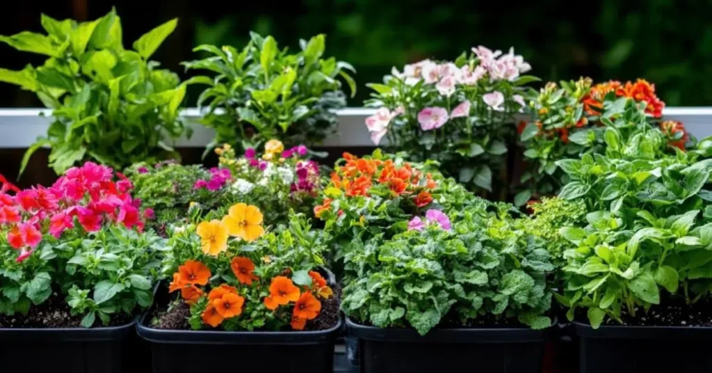 A row of neat black plastic planter boxes filled with blooming orange, pink, and purple flowers alongside fresh green leafy herbs on an apartment balcony.