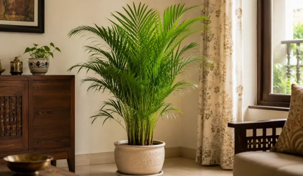 A large, lush green Areca Palm plant in a white textured ceramic pot placed in a bright living room corner near a window.