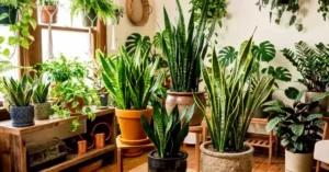 A collection of lush, green air-purifying indoor plants including snake plants and pothos arranged beautifully in ceramic pots near a sunlit window.
