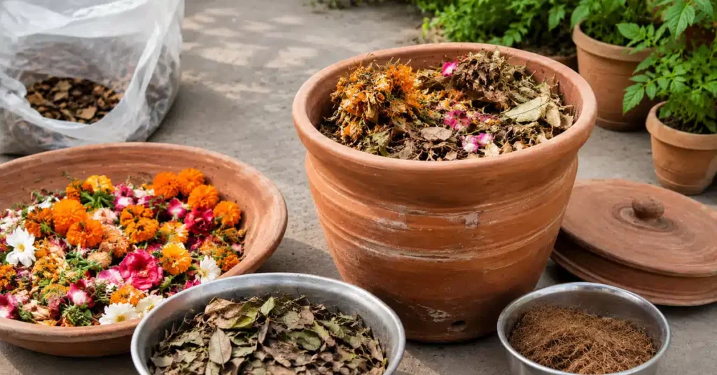 A large terracotta clay pot composter filled with layers of dried puja flowers, marigolds, and rose petals, surrounded by metal bowls containing dry brown leaves and coco peat for balancing the compost pile on a balcony floor.