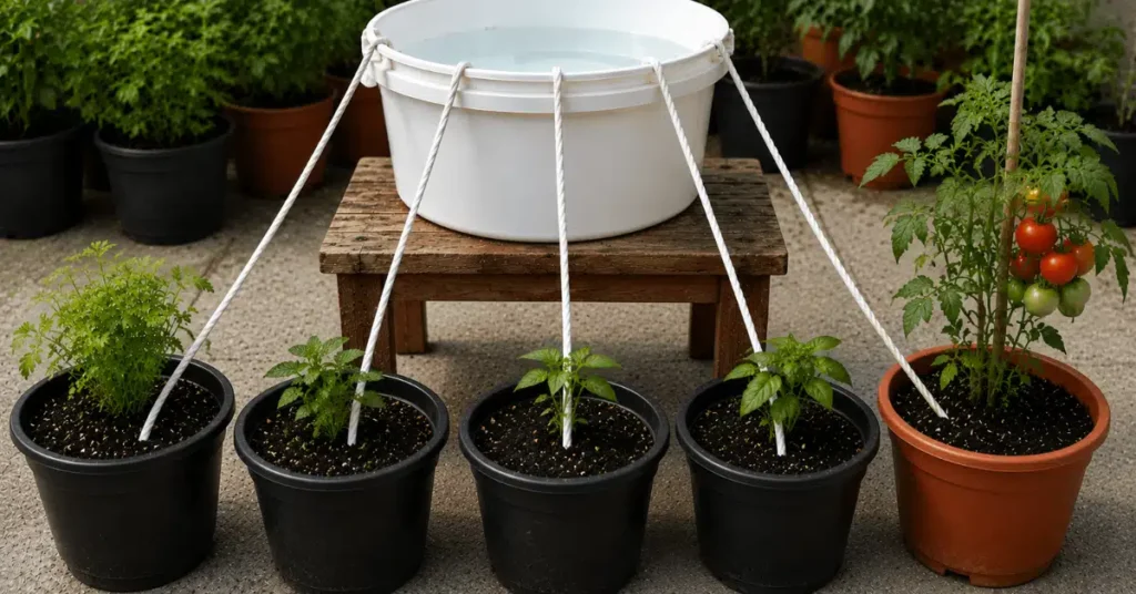 A white bucket filled with water placed on a small wooden stool, with cotton ropes extending into several potted plants on the ground for wick irrigation.