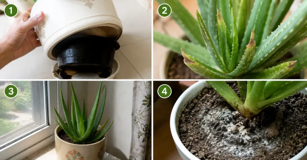 A 4-panel collage showing how to check an indoor plant: 1. Lifting a white outer pot to reveal water pooling underneath. 2. Close-up of brown, dry tips on aloe vera leaves. 3. An aloe vera plant placed on a windowsill to check natural daylight. 4. White mineral crust buildup on dark potting soil.