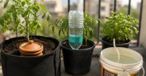 Four DIY self-watering setup methods for a balcony garden, featuring a buried clay matka, inverted plastic bottle drip, and cotton wick rope attached to a water bucket.
