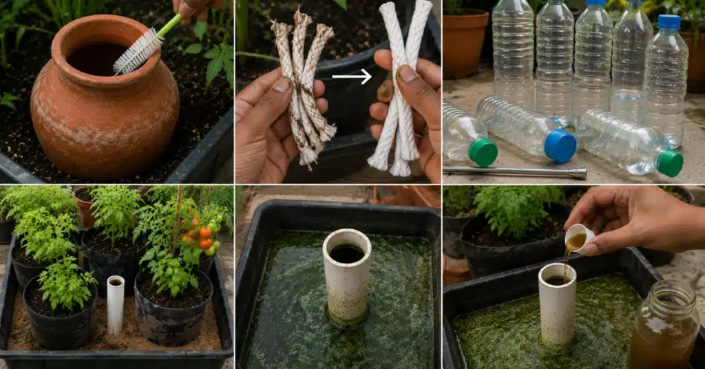 Step-by-step grid showing DIY plant watering system maintenance, including scrubbing a terracotta pot, replacing dirty cotton wicks, preparing plastic drip bottles, and pouring neem oil into a wicking bed pipe to treat algae.