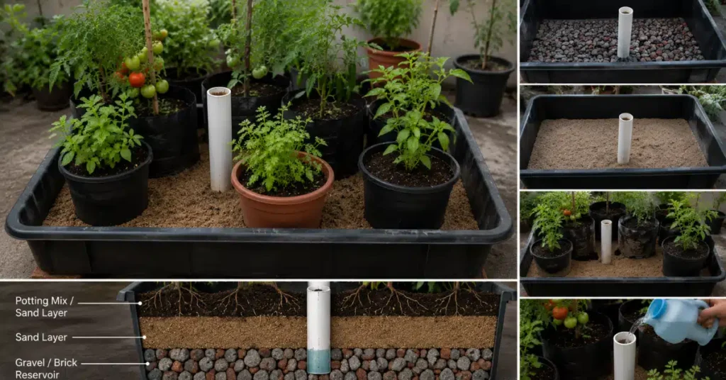 A step-by-step collage and cross-section diagram showing how to build a DIY wicking bed in a plastic tray using gravel, sand, a vertical PVC fill pipe, and potted grow bags.
