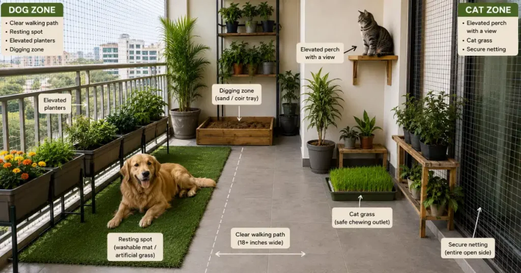 Infographic showing a pet-friendly balcony garden layout with distinct dog and cat zones, safety netting, elevated planters, a cat perch, and a clear walking path.