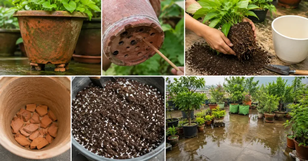 Terrace garden showing potted plants raised on pot feet, cleared drainage holes, fresh well-draining potting mix, and proper drainage to prevent root rot during the monsoon.