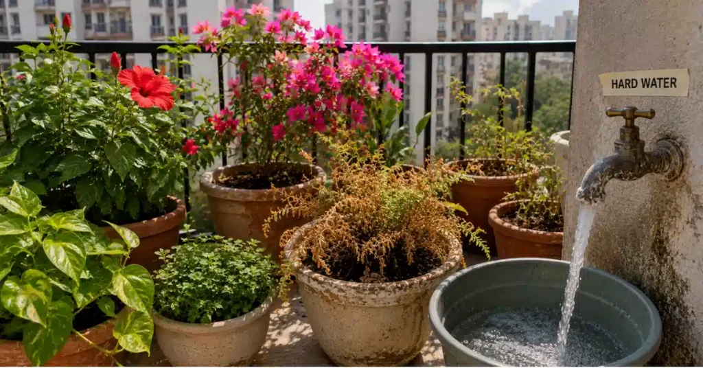 A dry, dying plant showing root stress and browning foliage in a terracotta pot due to mineral buildup from a hard water balcony tap.