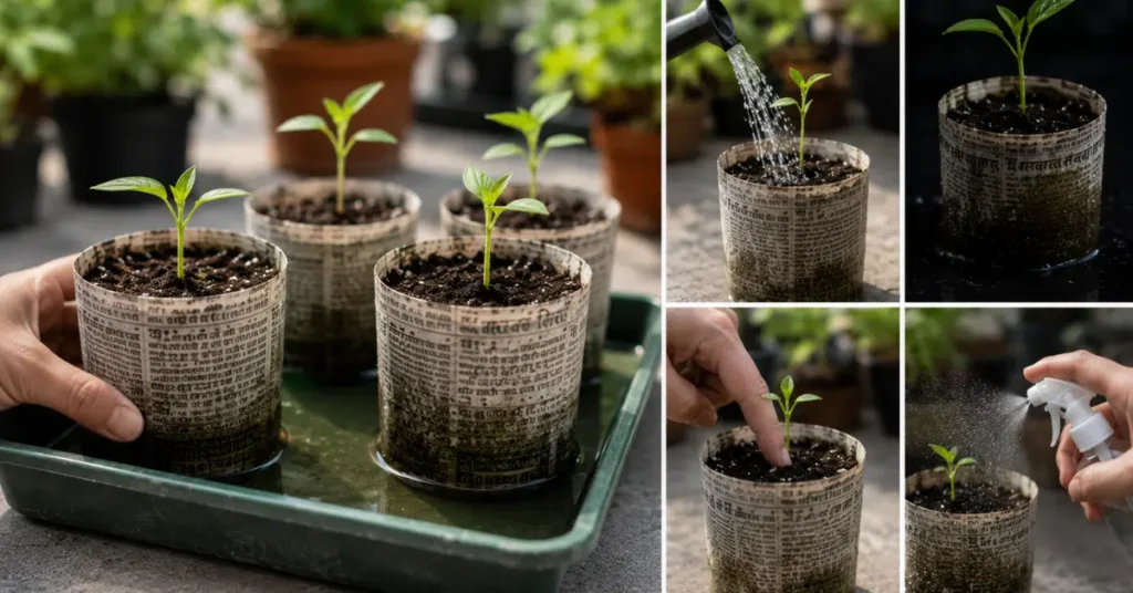 A comparison showing bottom-watering newspaper seed pots in a shallow tray versus top-watering and misting.