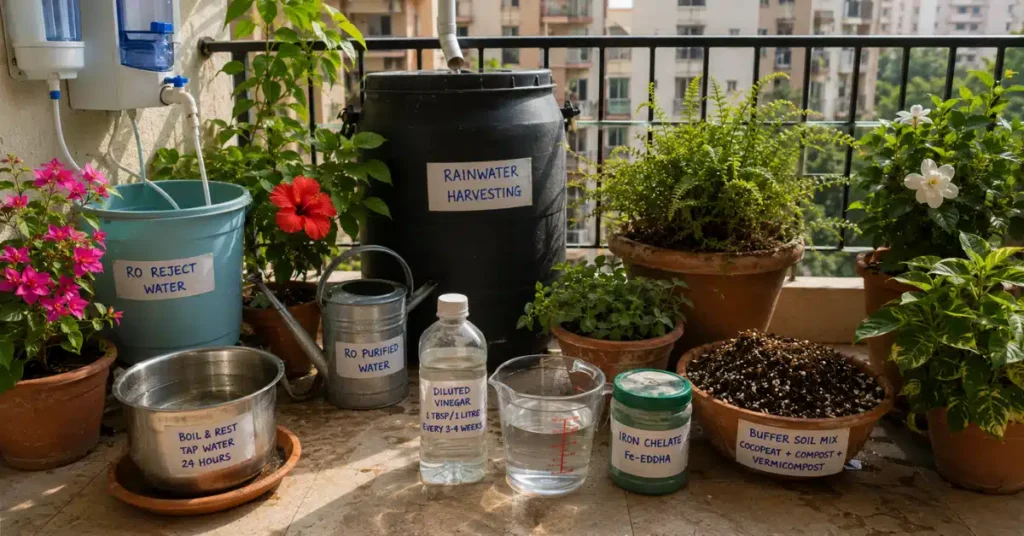 A balcony setup showing seven hard water correction methods for plants, including RO reject water collection, rainwater harvesting drums, boiled tap water, diluted vinegar, iron chelate, and buffered soil mixes.