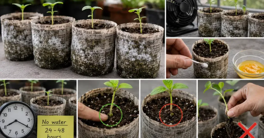 A grid illustrating steps to treat moldy newspaper pots, including fan airflow, spot-treating with turmeric wash, and discarding infected seedlings.
