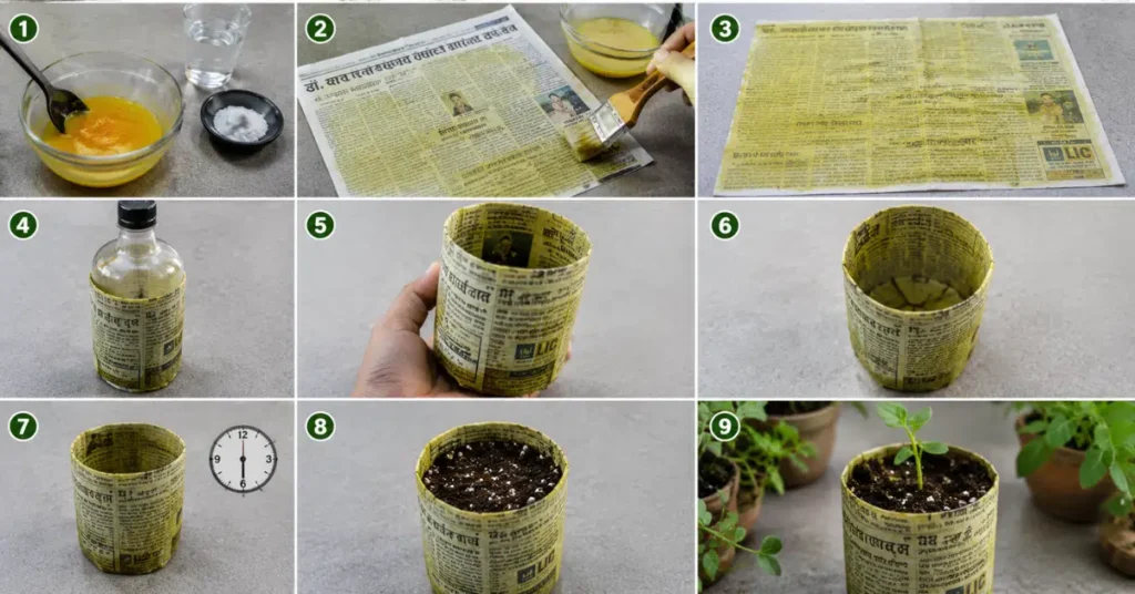 A 9-step grid showing how to apply a turmeric-lime wash to newspaper and fold it into a mold-resistant seed pot.