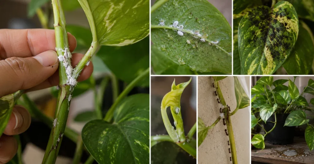 Collage showing how to identify mealybugs on a money plant by their white cotton-like clusters on stems and leaves, black sooty mould, curled new leaves, and ants attracted to honeydew.