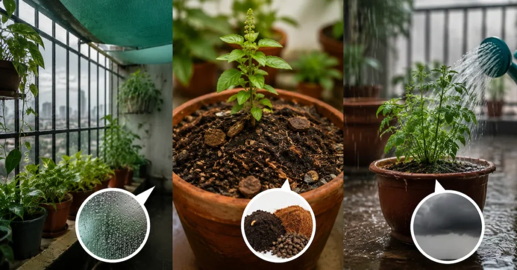 Balcony garden during the Indian monsoon showing damp conditions, organic potting soil, and excess moisture that encourage fungal growth.
