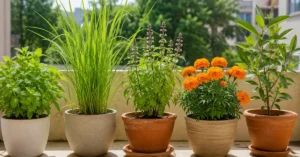 Five potted balcony plants that keep cockroaches away naturally, featuring mint, lemongrass, and tulsi in an apartment setting.