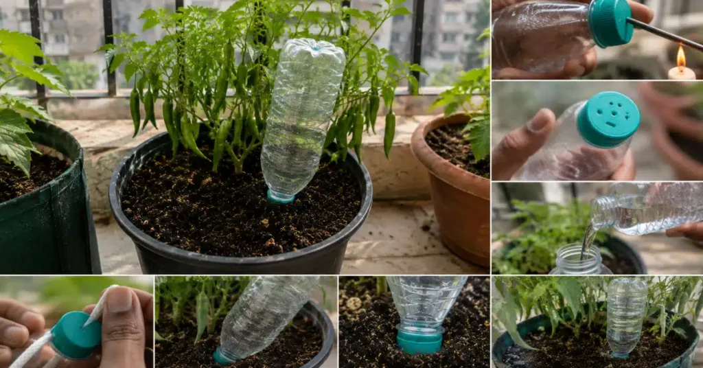 A step-by-step collage demonstrating how to make a DIY bottle drip watering setup by heating a pin to poke holes in a plastic bottle cap, inserting a wick, filling it with water, and placing it upside down in a potted chilli plant.