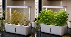 Before-and-after of successful kitchen counter hydroponics setup: contrasting yellow wilted plants with lush green thriving basil and mint in an apartment kitchen.