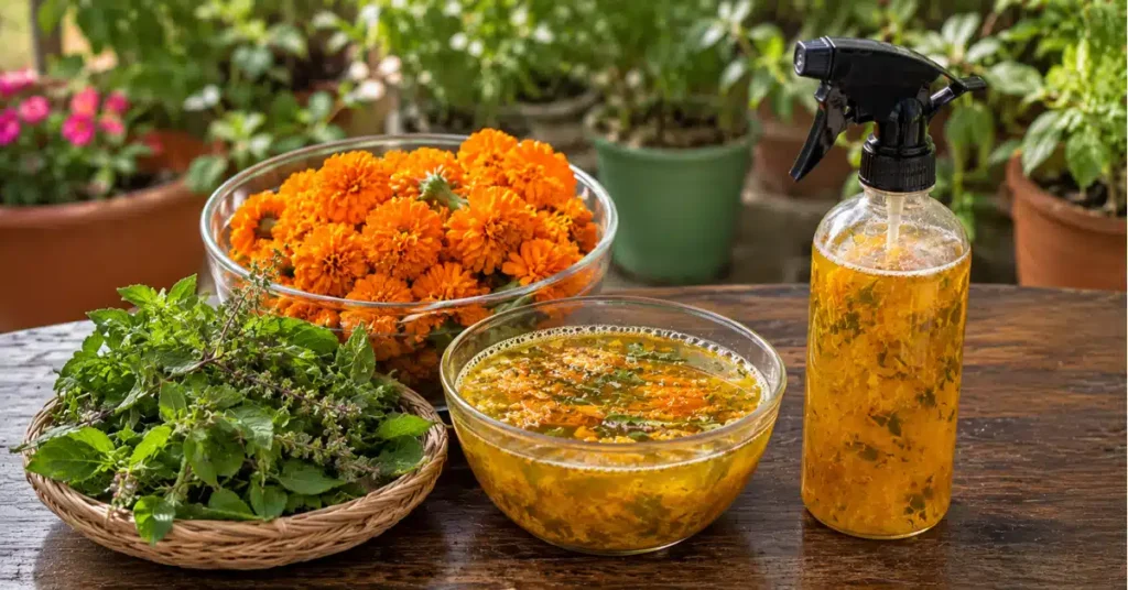 A clear glass spray bottle filled with a yellow marigold and tulsi liquid infusion, sitting on a wooden table next to a bowl of fresh marigold flowers, a basket of tulsi leaves, and a bowl of soaking petals.
