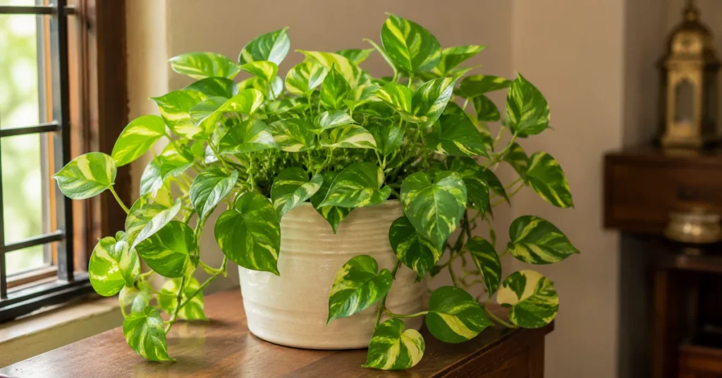 Healthy money plant growing in a ceramic pot near a bright window inside an Indian home.