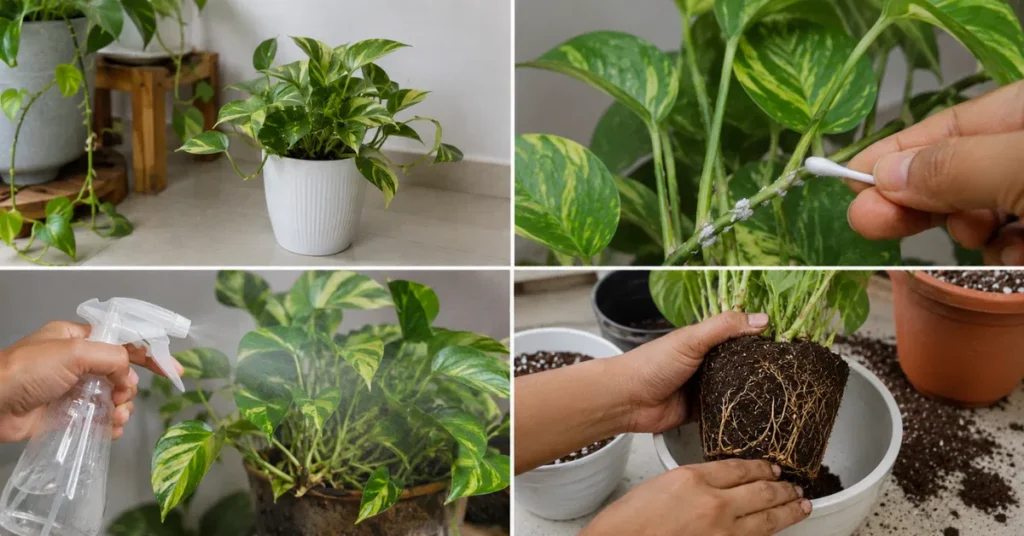 Four-step visual guide showing how to treat mealybugs on a money plant by isolating the plant, removing pests with a cotton swab, applying neem oil spray, and repotting in fresh soil.