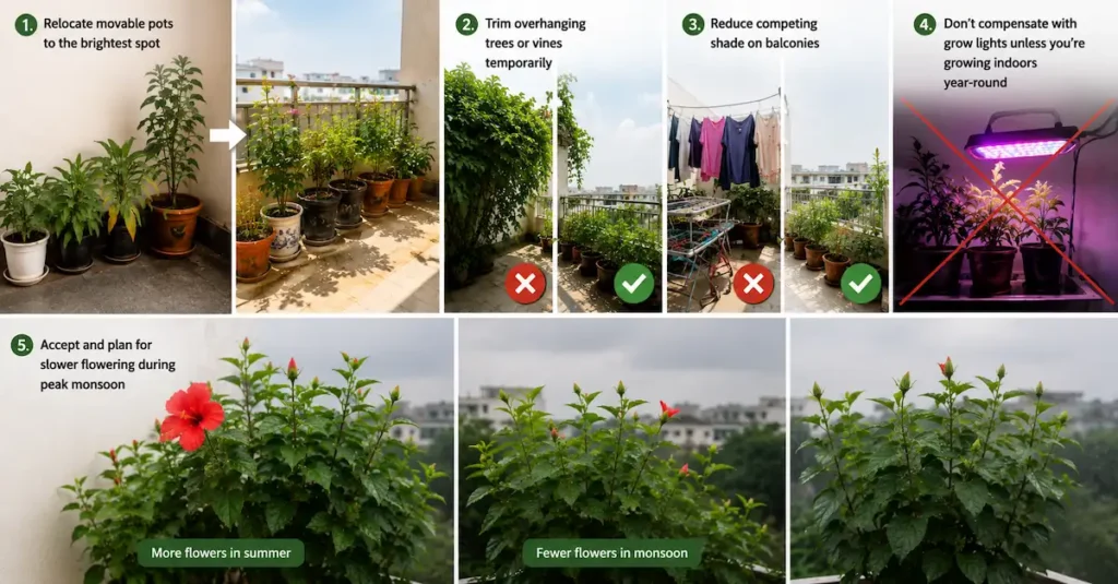 Balcony garden in the monsoon showing potted plants moved to a brighter location, trimmed overhanging vines, reduced shade, and naturally slower flowering without grow lights.