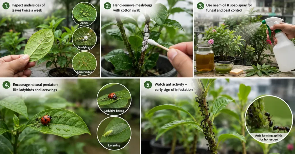 Natural monsoon pest control for balcony plants showing leaf inspection, mealybug removal, neem oil spray, ladybird beetles, and ants indicating aphid infestation.