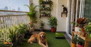 A golden retriever dog and a cat relaxing in a secure pet-friendly garden set up on an apartment balcony.