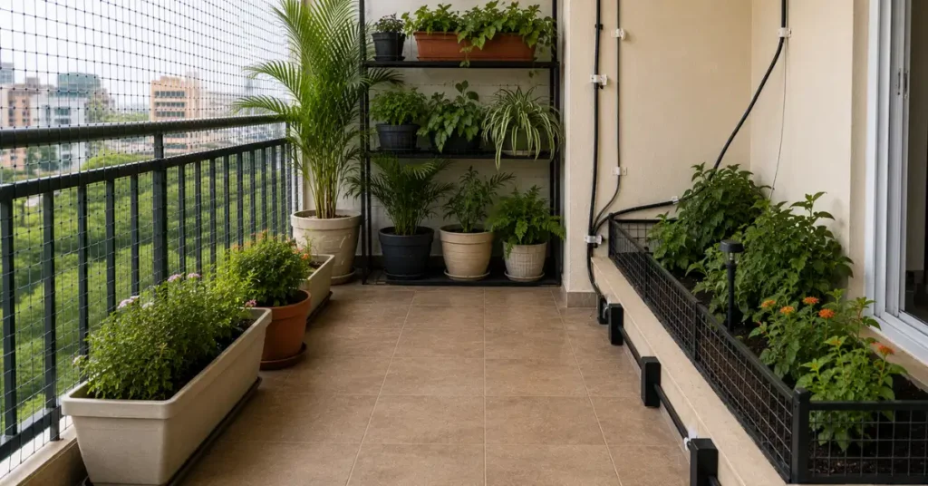 An escape-proof balcony garden featuring secure UV-stabilized nylon netting over the open railing, a low wire mesh safety fence around a raised planter bed, and thriving pet-safe potted plants.