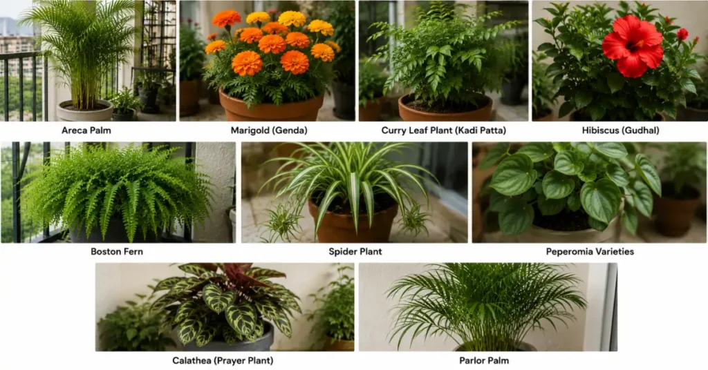A photo grid showcasing eight pet-safe plants suitable for Indian balconies, including Areca Palm, Marigold, Curry Leaf, Hibiscus, Boston Fern, Spider Plant, Peperomia, Calathea, and Parlor Palm.