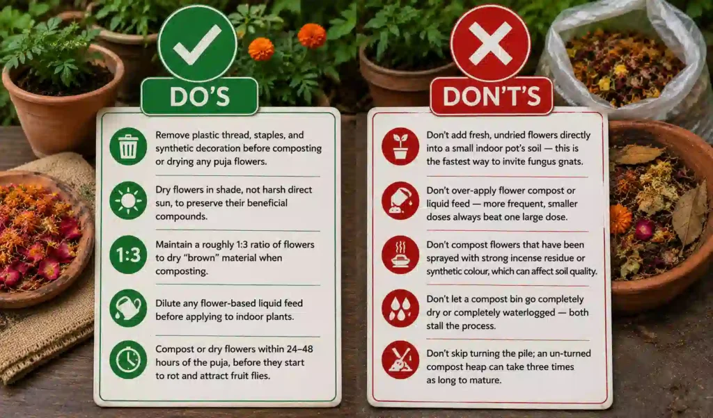 An infographic presented as two side-by-side lists with green checkmarks and red x-marks, detailing best practices. The "DO'S" list includes: remove synthetics, dry in shade, 1:3 brown/green ratio, dilute liquid feed, process within 24-48 hours. The "DON'T'S" list includes: no fresh flowers in pots, no over-application, avoid chemical sprays, no dry/wet bins, do not skip turning the pile.