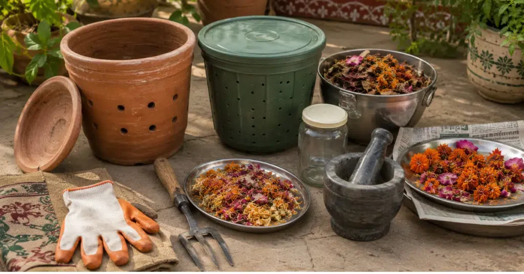 A collection of home gardening tools arranged on the floor, including a clay pot composter, a green plastic bin, gardening gloves, a hand fork, a granite mortar and pestle, a glass jar, and plates of fresh and crushed dried flowers.