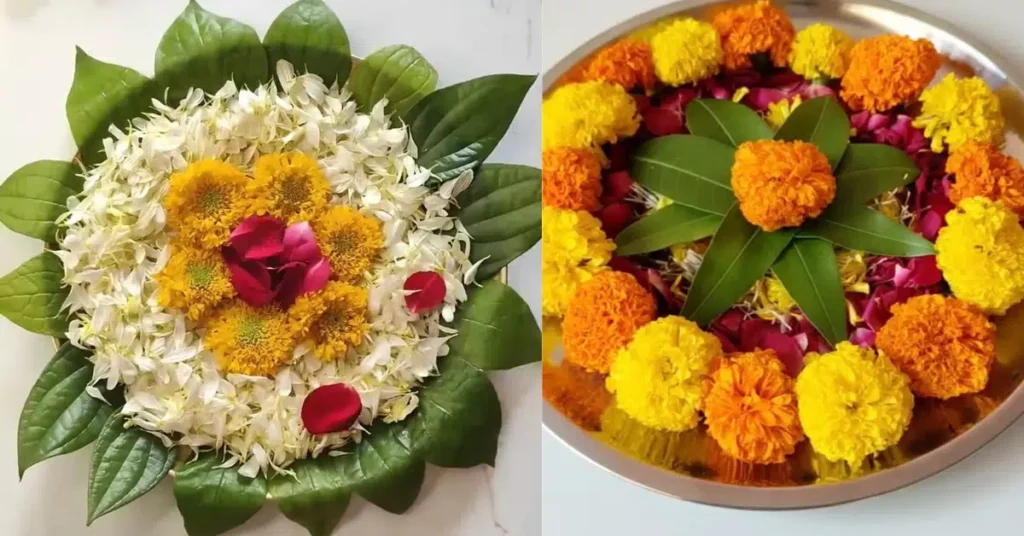 Decorative metal plates filled with fresh marigold, rose, and jasmine flowers arranged with green leaves, demonstrating how to collect daily puja flowers for plants before recycling.